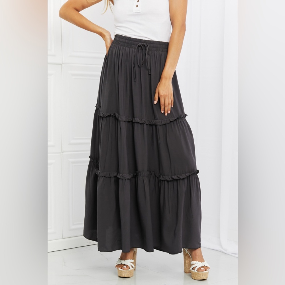 NEW ZENANA Summer Days Ruffled Boho Maxi Skirt in Ash Gray